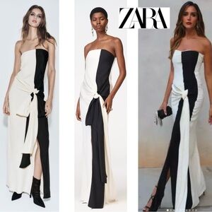 ZARA COLLECTION KNOTTED STRAPLESS MAXI DRESS LIMITED EDITION Black cream Sz M